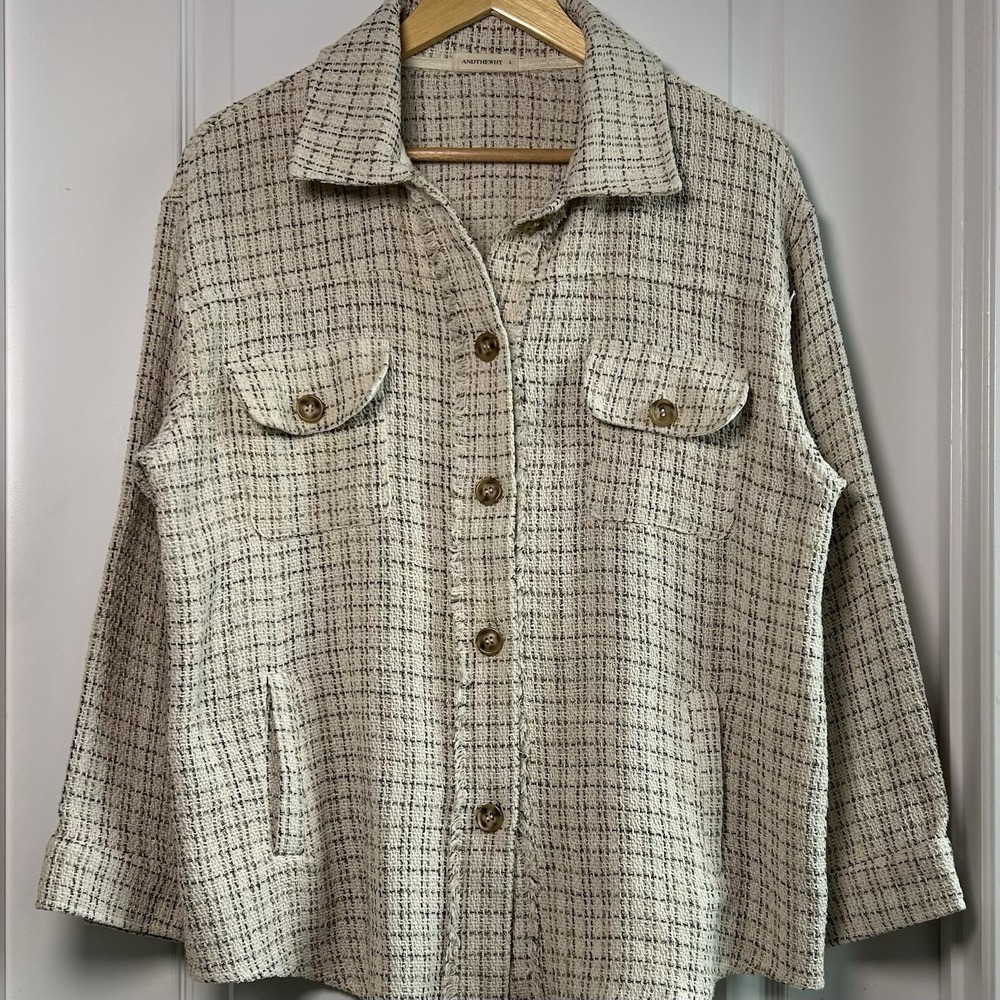 ANDTHEWHY Tweed Look Cream Oversized Button Jacket Old Money Chic Polished Style